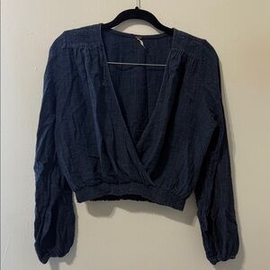 Free People Cherry Blossom Surplice Cropped Blouse Navy Blue Size Medium
